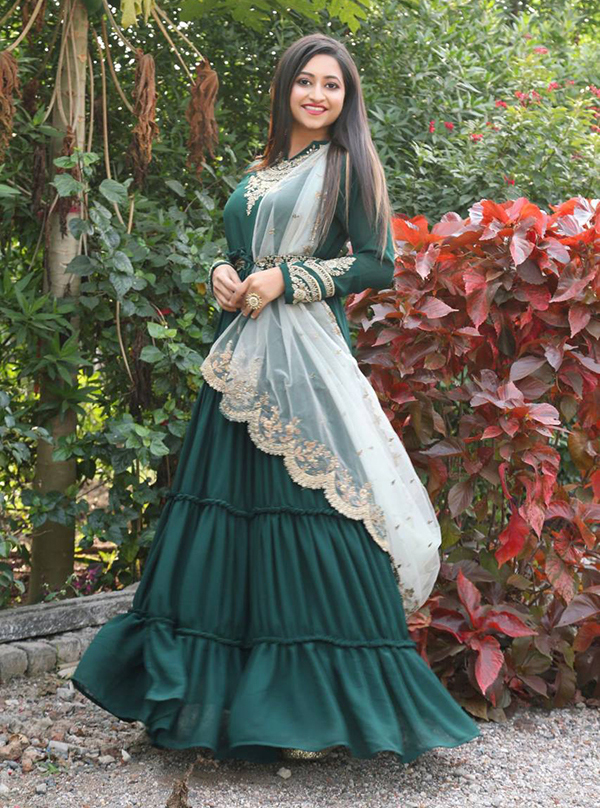 Forest Green V Neck Vintage Floral Design Anarkali Gown