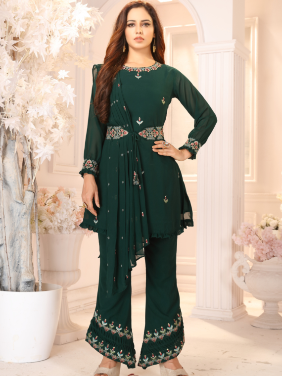 Designer Embroidered Butti Work Sleek and Modern Kurta Palazzo have beautiful floral work. Bringing to your Own the ultimate party look collection straight out from the heart of shampysky. The outfit is fabricated in raw georgette with embroidered butti work Duppata in georgette. it is designed with full sleeves and drawstring closure. stitched top and bottom are very suitable for you. wear attractive occasional outfits and Impress others at parties and functions. Round neck with an embroidered kurta set and come with matching santoom fabric bottom.