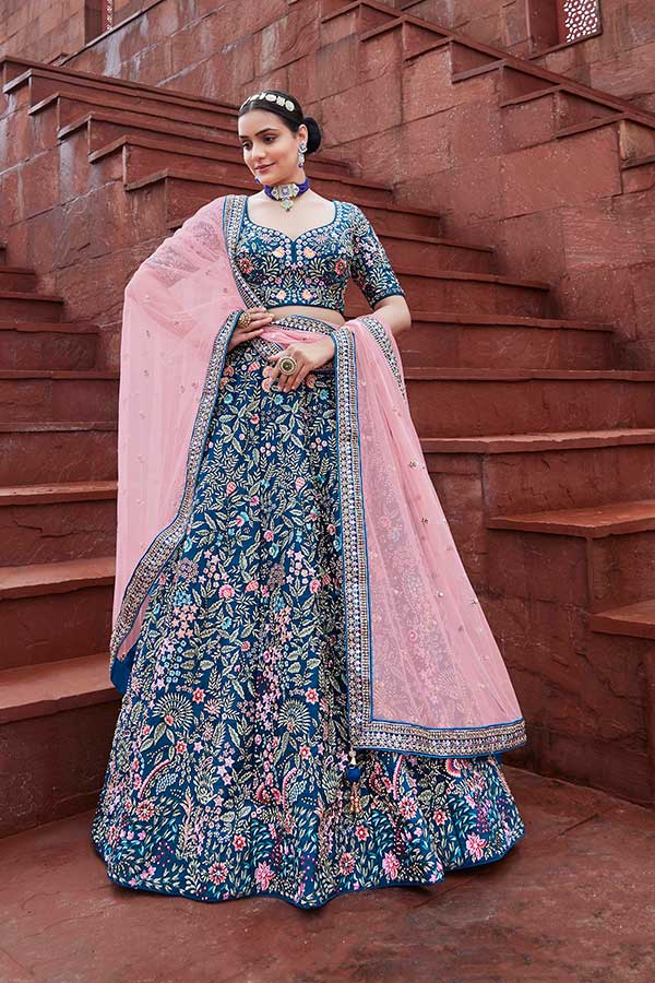 Navy Blue and Pink Silk Heavy Embroidered Lehenga Choli | Mohi Fashion