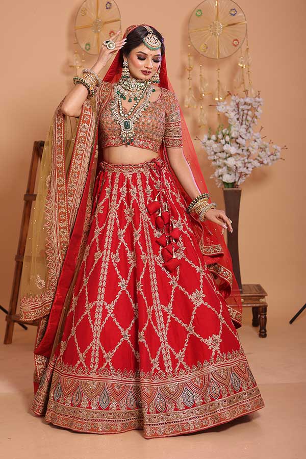 Red, Orange and mustard Designer Net Embroidered Bridal Lehenga | Mohi Fashion