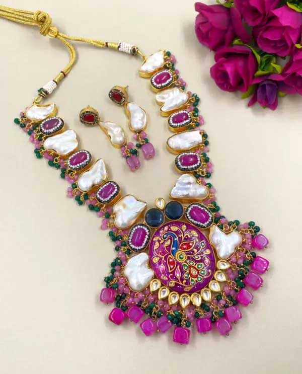 Designer Real Baroque Pearls Meenakari And Kundan Statement Modern Necklace Set