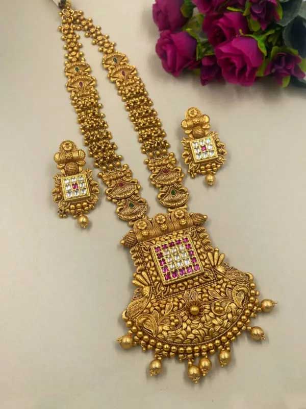 Royal look gold plated antique golden long necklace set for weddings by gehna shop