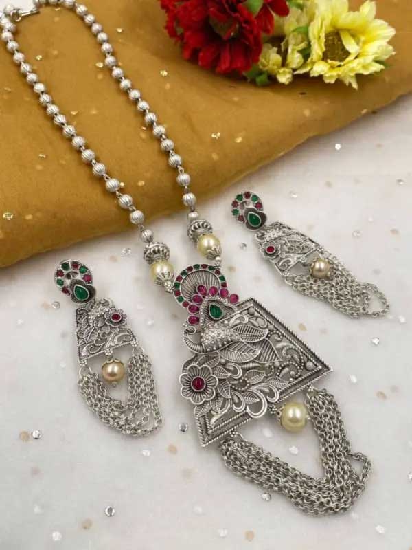 Ethnic Long Metal Silver Plated Necklace With Chains For Ladies By Gehna Shop