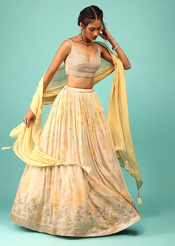Biscotti yellow lehenga in georgette with floral print and embroidery