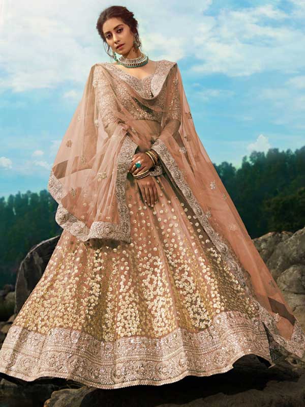 Brown zari worked soft net wedding wear lehenga choli
