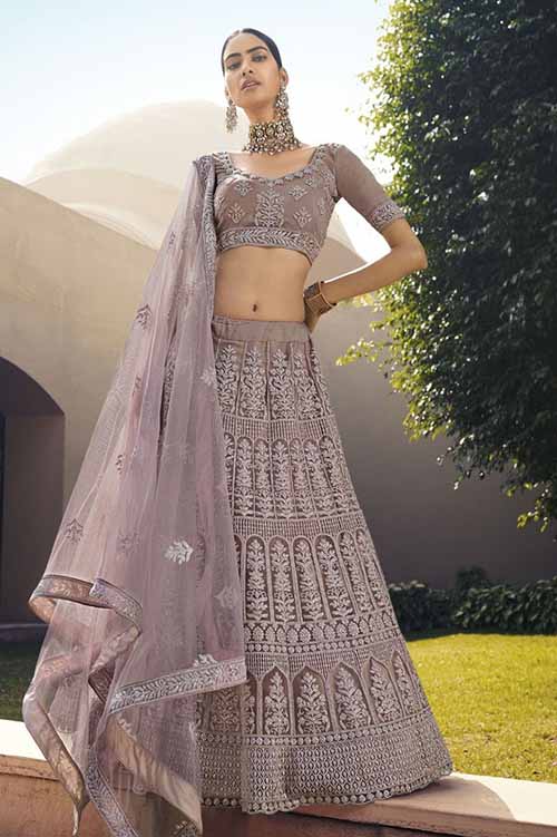 Mauve Net Lehenga with Sequins , Thread Embroidered Work