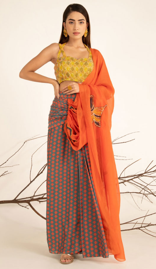 Multi Colored Pre Draped Saree Set