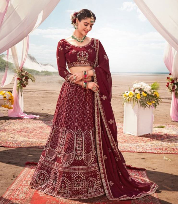 Maroon multi-worked georgette bridal indian designer lehenga choli