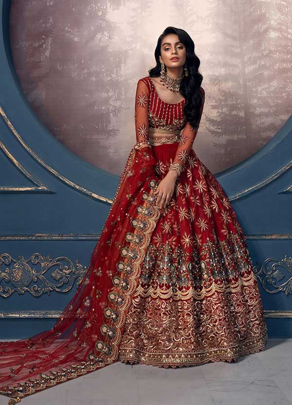 Red Net Heavy Embroidered Bridal Wear Lehenga Choli | Mohi Fashion