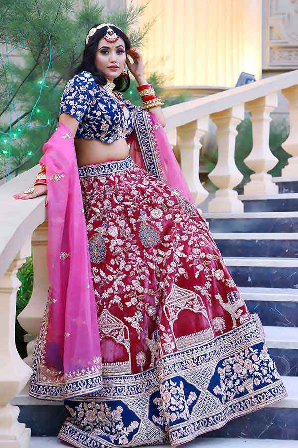Pink and Blue Designer Velvet and Organza Hand Embroidered Bridal Lehenga | Mohi Fashion