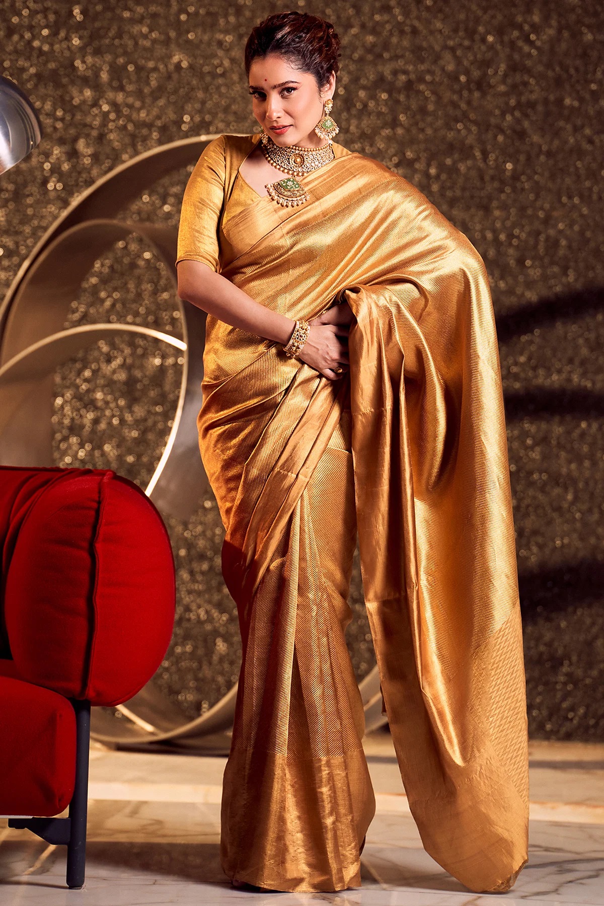 Dazzling Ankita Lokhande in Samyakk's Gold Zari Woven Kanchipuram Tissue Silk Saree
