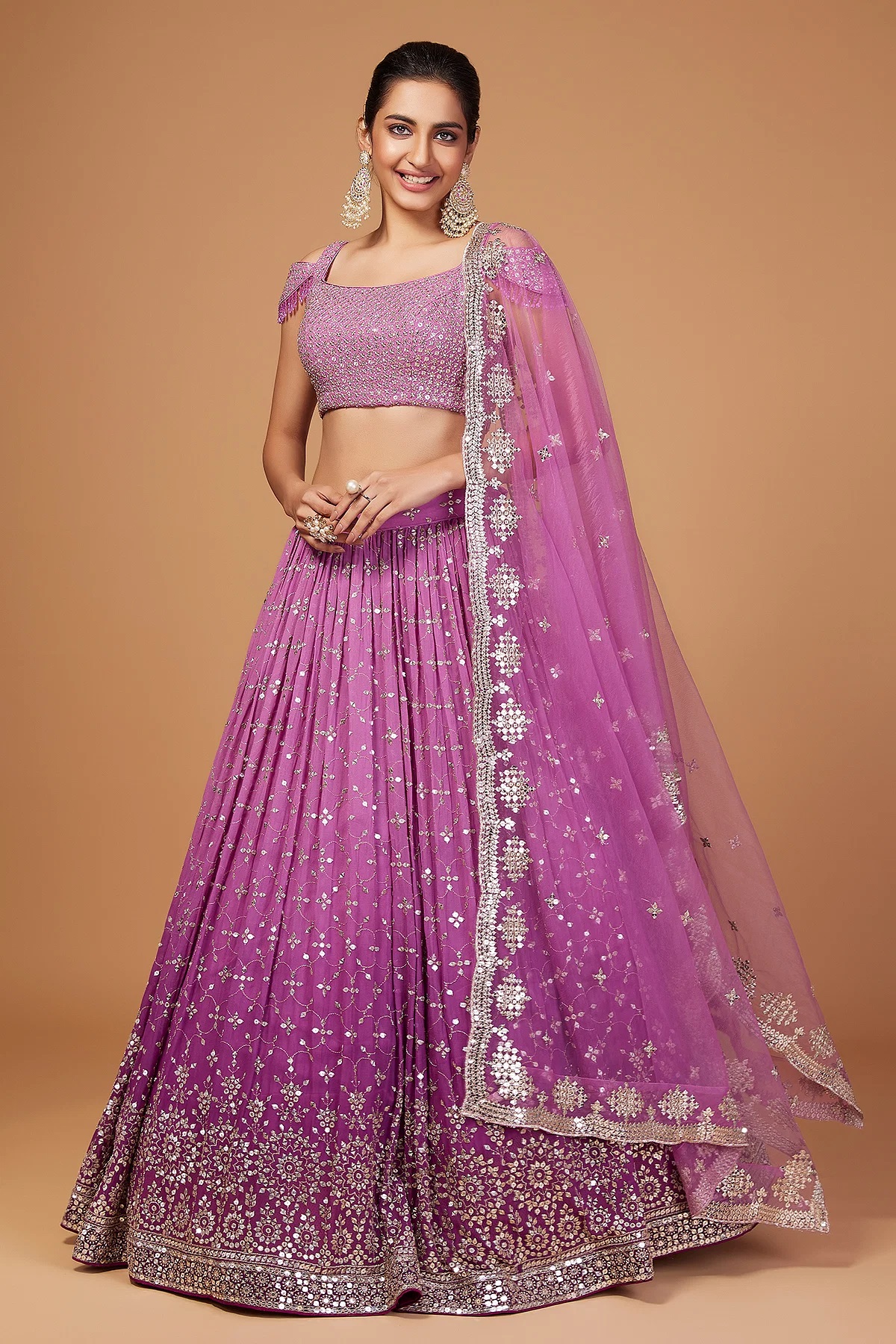 Purple Ombre Sequins Embroidered Georgette Party Wear Lehenga