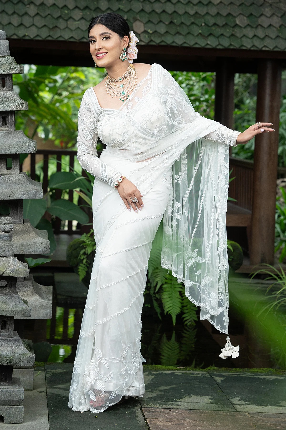 Buy Off-White Sequins Embroidered Net Party Wear Saree Online | Samyakk