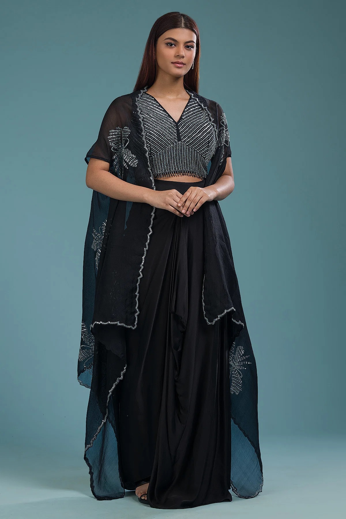 Buy Black Sequins Embroidered Satin Crop Top Suit Online | Samyakk