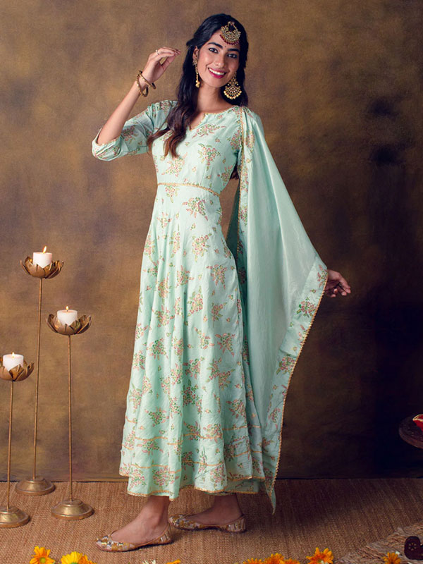Green Printed Silk Blend Anarkali Dress Wi...