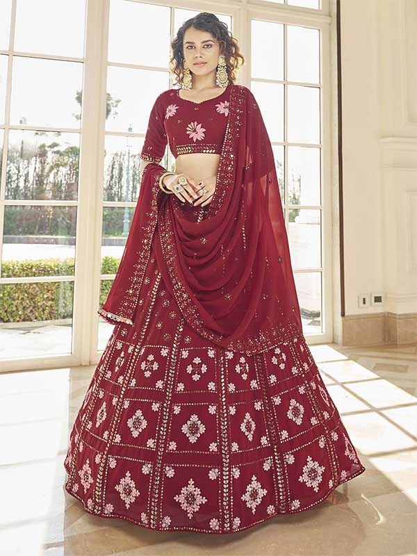 Attractive Red Multi-Thread Sequins Georgette Designer Lehenga Choli