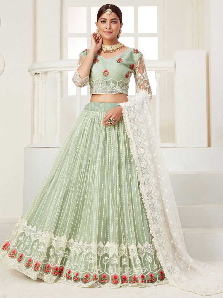 Glamorous pista green thread embroidered net festival wear lehenga choli