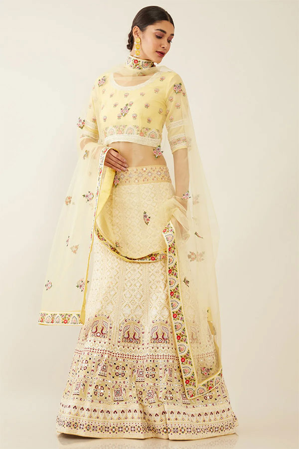 Yellow Poly Georgette Embroidered Lehenga ...