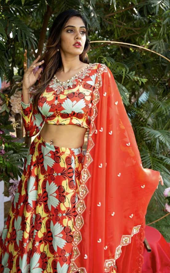 Its a print party indo-western lehanga with an entirely embellished dupatta