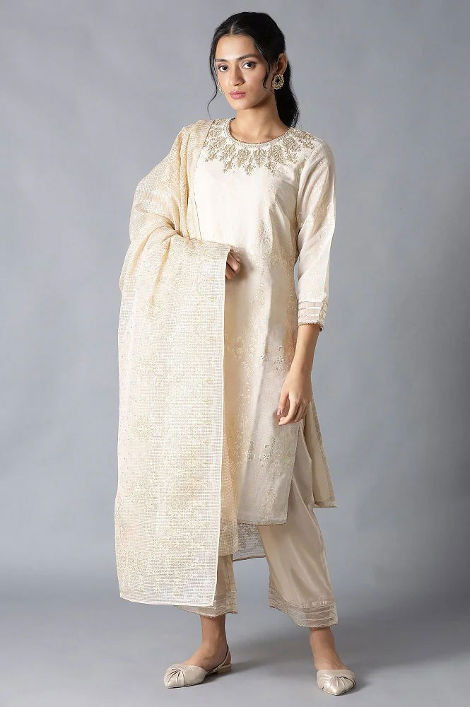 Ecru and beige heavy festive kurta with parallel pants and dupatta