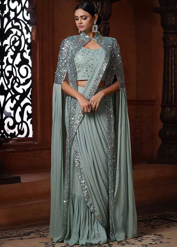 Mint Green Fusion Indo-Western Pre-Stitched Frill Saree