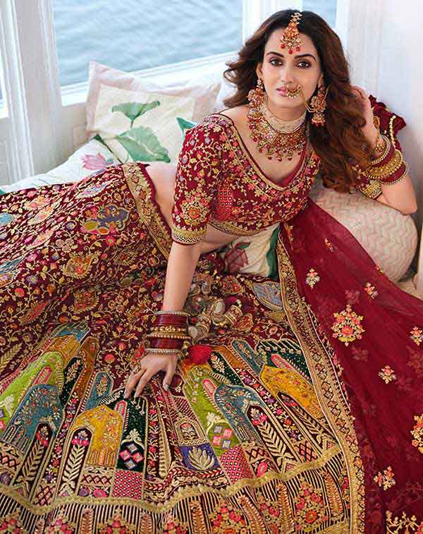 Bridal maroon multi embroidered designer lehenga with net dupatta