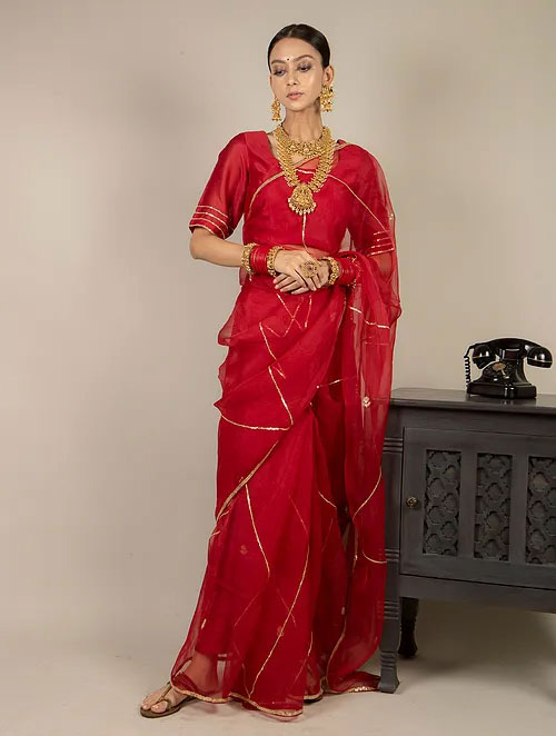 Red Embroided Saree with Chanderi Blouse