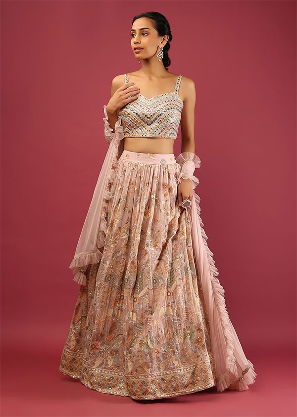 Onion pink lehenga choli in georgette with colorful resham embroidered floral jaal and mirror work