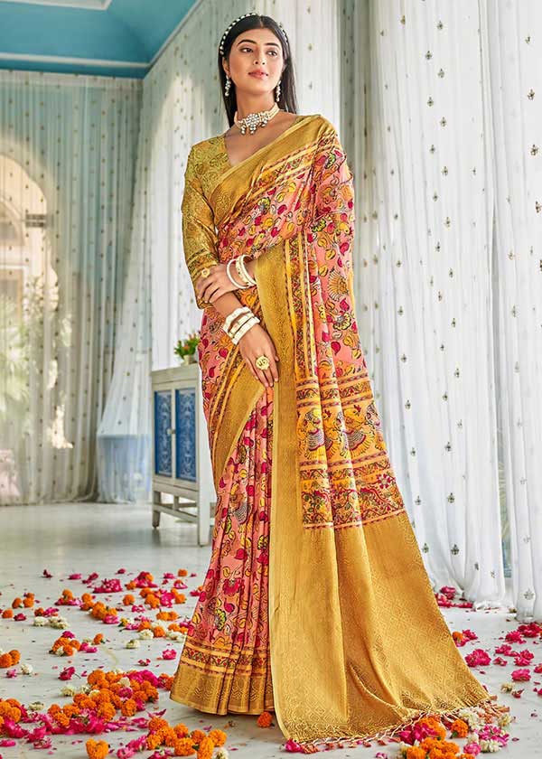 Haldi yellow banarasi kalamkari digital printed silk saree