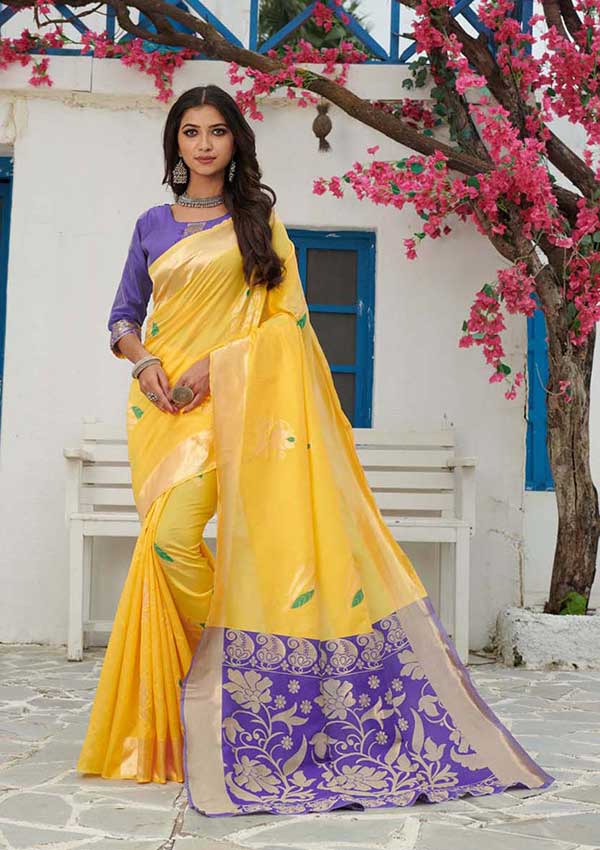 Pineapple Yellow Banarasi Zari Silk Saree ...