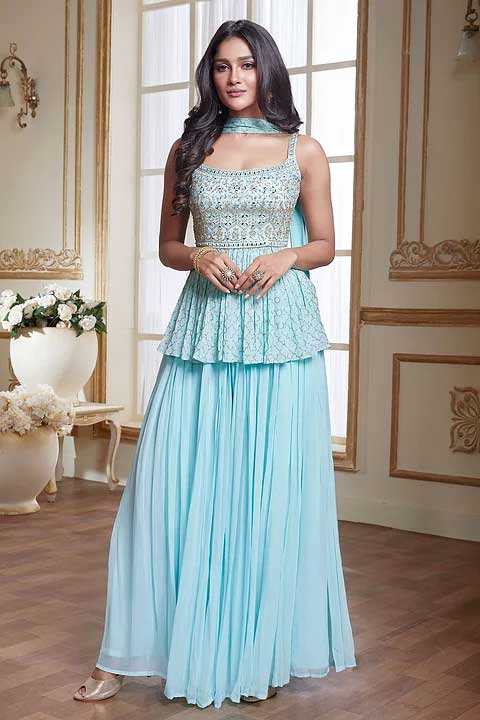 Light Sky Blue Mirror Embroidered Crepe Pa...