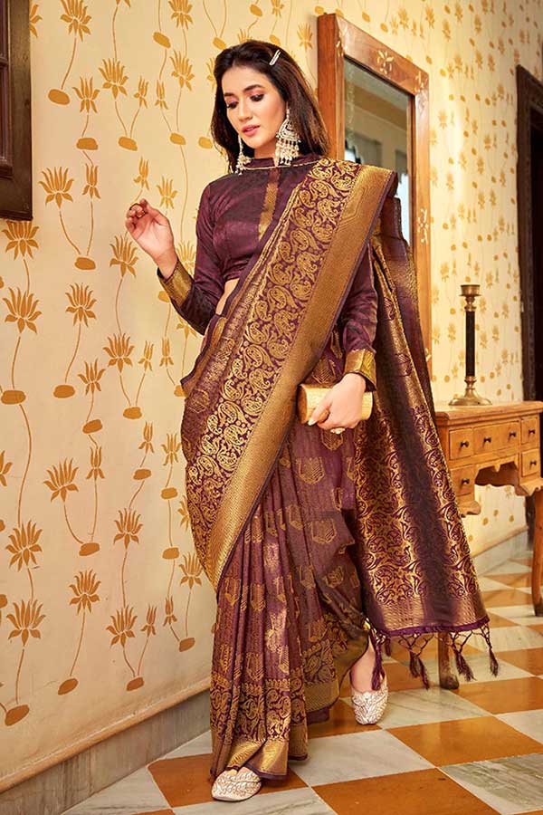 Wine colour soft handloom zari weaving silk saree