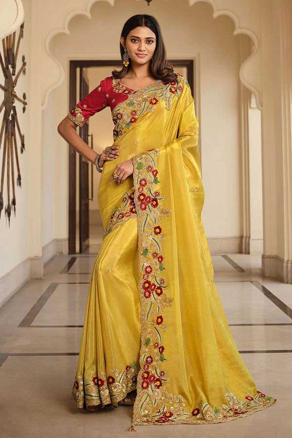 Irresistible Yellow and Rust Red Colored Designer Saree