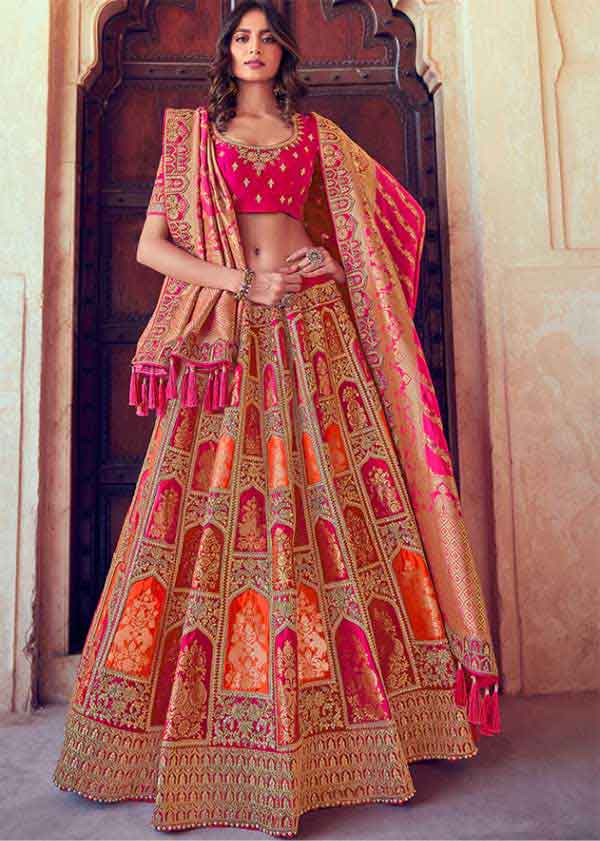 Orange And Pink Banarasi Silk Embroidered ...
