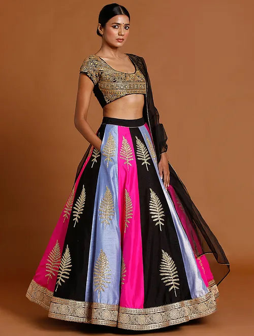 Multicolor embroidered raw silk lehenga with blouse and organza dupatta