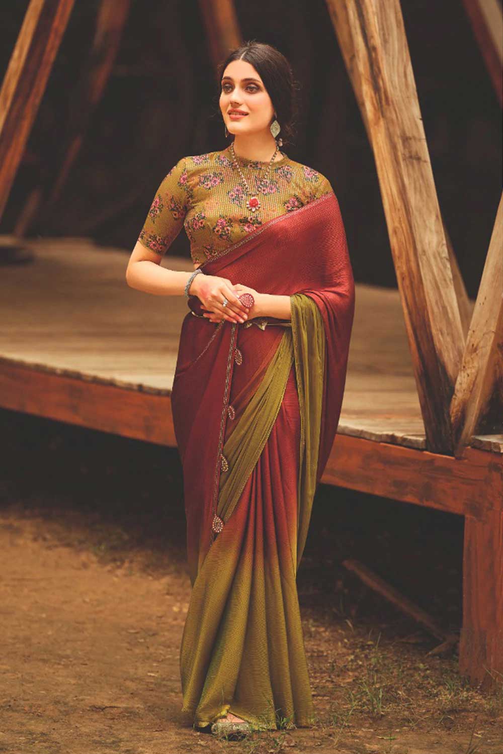 Maroon Color 3D Chiffon Saree With Sequence Blouse