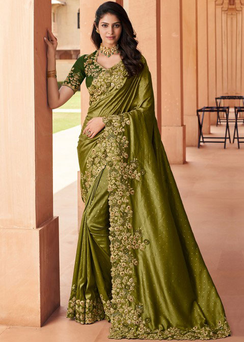 Green Art Silk Saree With Heavy Cut Work Border