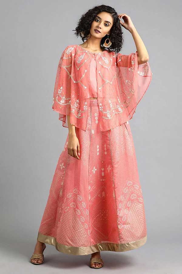 Pink round neck cape sleeves kurta set
