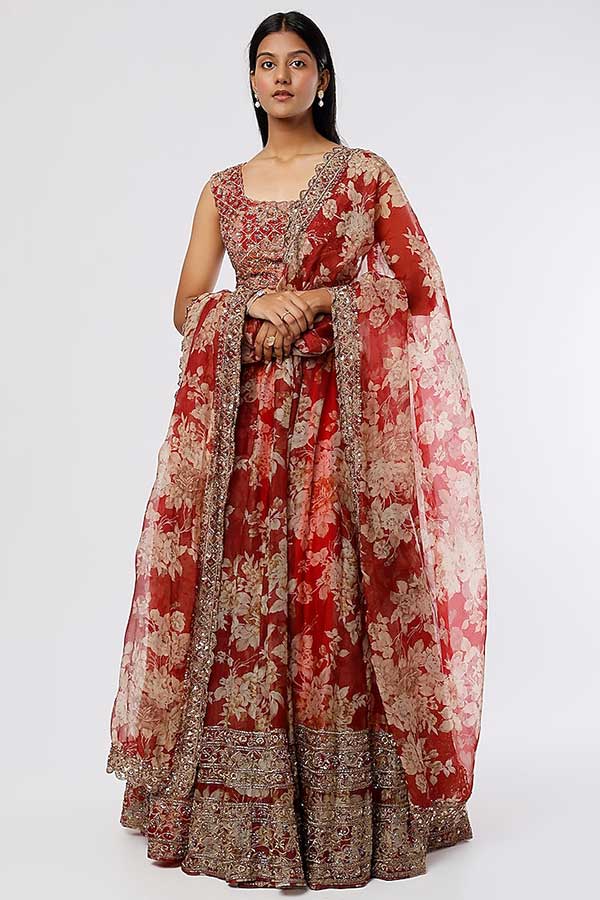 Crimson Red Floral Printed & Embroidered L...
