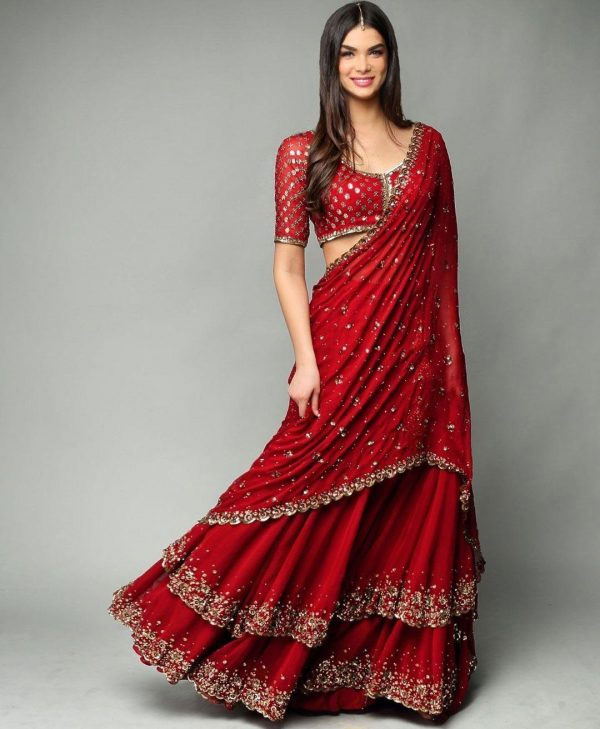 Resplendent Red Color Trendy Sequence Work...