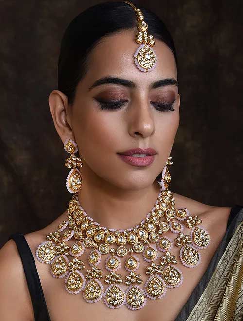 Pink Gold Tone Kundan Necklace Set with Ma...