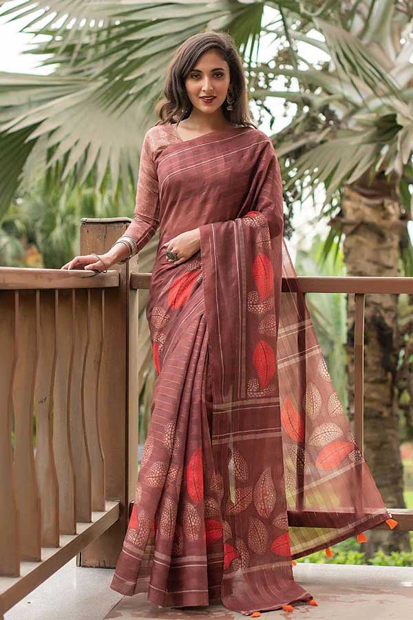 Coffee Color Linen Cotton saree with Beautiful Digital print and Zari Lining Pallu