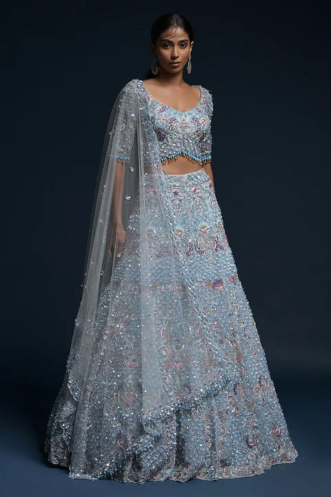 Pastel Blue Sequins Embroidered Net Bridal Lehenga