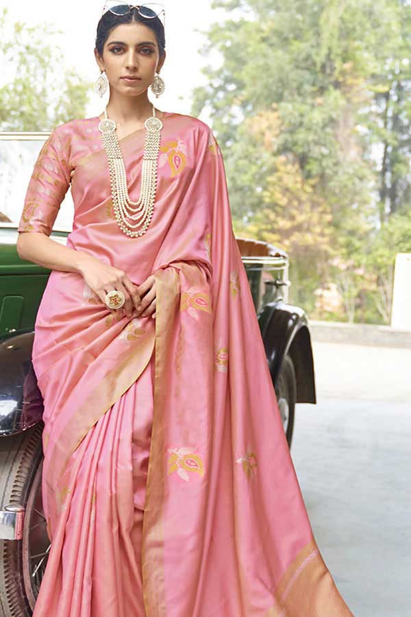 Rose Pink Woven Banarasi Silk Saree With B...