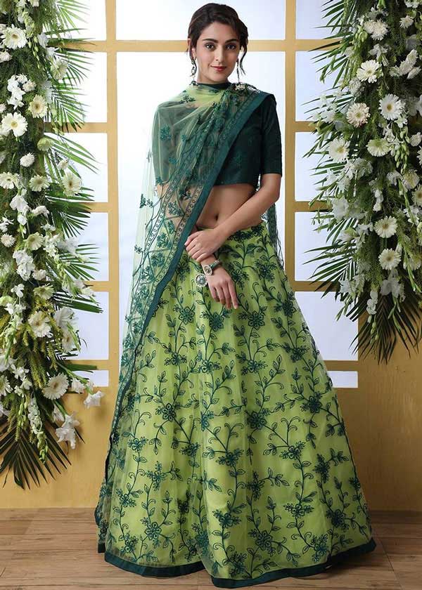 Womens green net embroidered semi-stitched lehenga choli