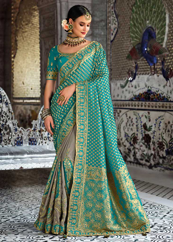 Turquoise blue dual tone woven banarasi silk saree with designer blouse