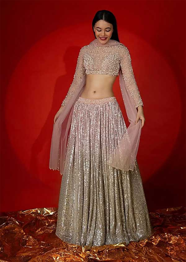 Melon Peach Ombre Lehenga Embellished In S...