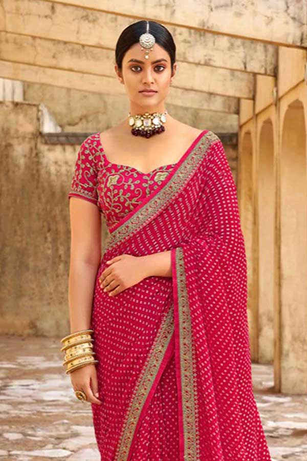 Pink Bandhani Design Saree With Embroidery...